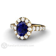 Oval Blue Sapphire Engagement Ring Pave Diamond Halo 18K Yellow Gold - Engagement Only - Rare Earth Jewelry