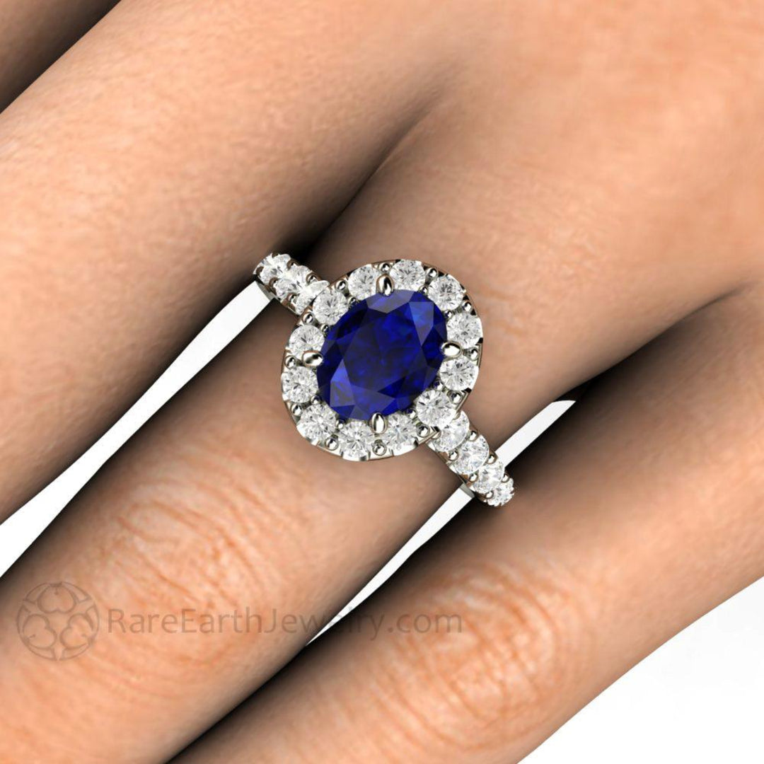 Oval Blue Sapphire Engagement Ring Pave Diamond Halo, Rare Earth Jewelry