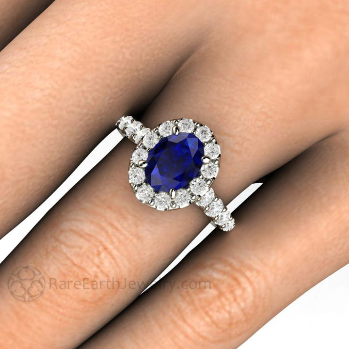 Oval Blue Sapphire Engagement Ring Pave Diamond Halo, Rare Earth Jewelry