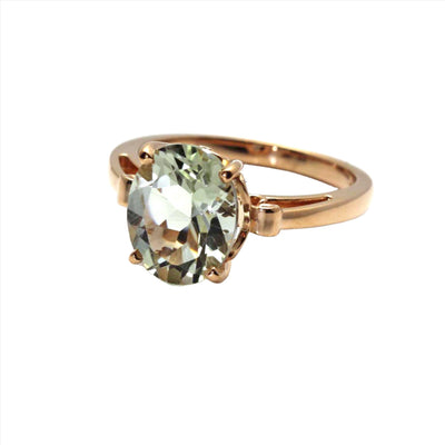 Natural Green Amethyst Ring Oval Cut Solitaire with Fleur de Lis Design in Rose Gold from Rare Earth Jewelry.