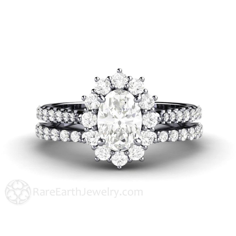 Oval Cut Moissanite Engagement Ring 1 Carat Halo Pave Band, Rare Earth Jewelry