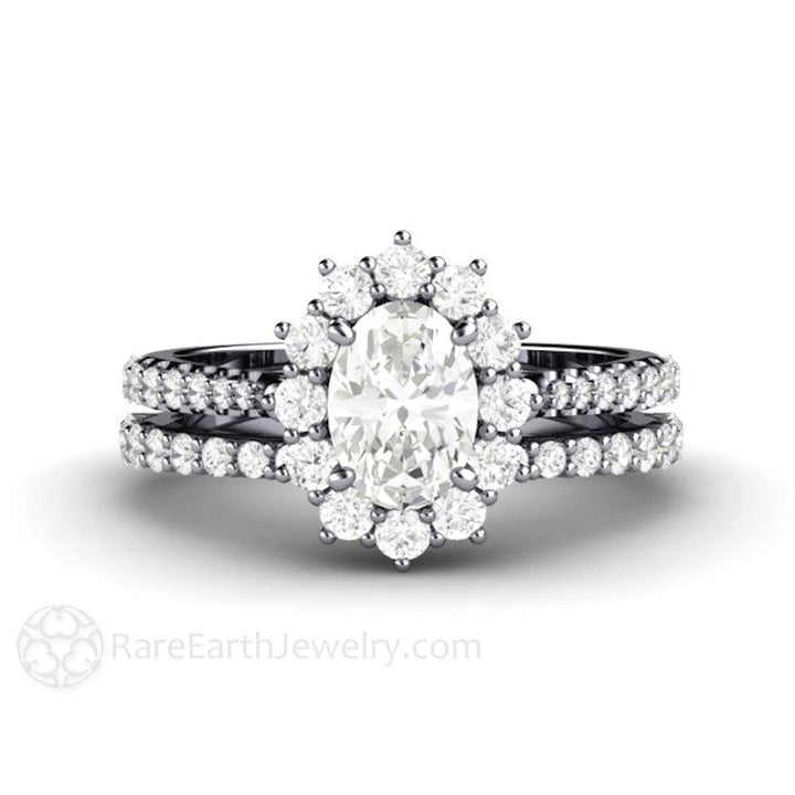 Oval Cut Moissanite Engagement Ring 1 Carat Halo Pave Band, Rare Earth Jewelry