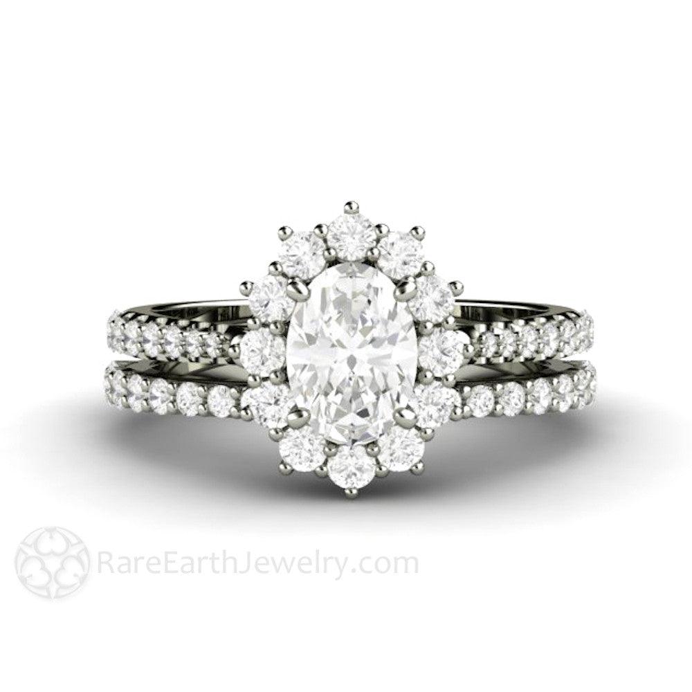 Oval Cut Moissanite Engagement Ring 1 Carat Halo Pave Band, Rare Earth Jewelry