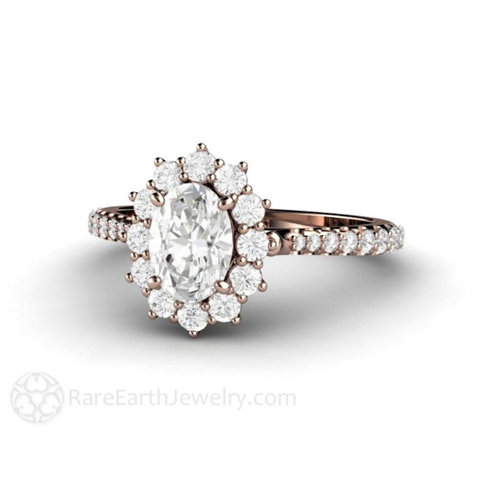 Oval Cut Moissanite Engagement Ring 1 Carat Halo Pave Band, Rare Earth Jewelry