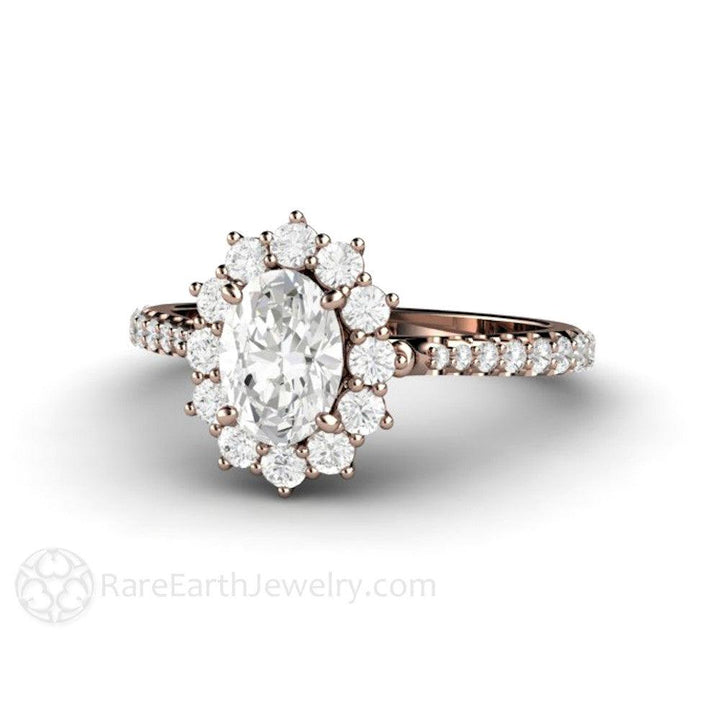 Oval Cut Moissanite Engagement Ring 1 Carat Halo Pave Band, Rare Earth Jewelry
