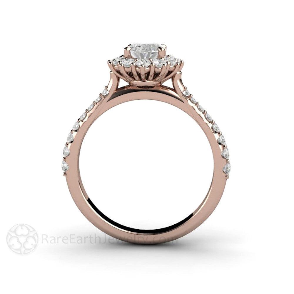 Oval Cut Moissanite Engagement Ring 1 Carat Halo Pave Band, Rare Earth Jewelry