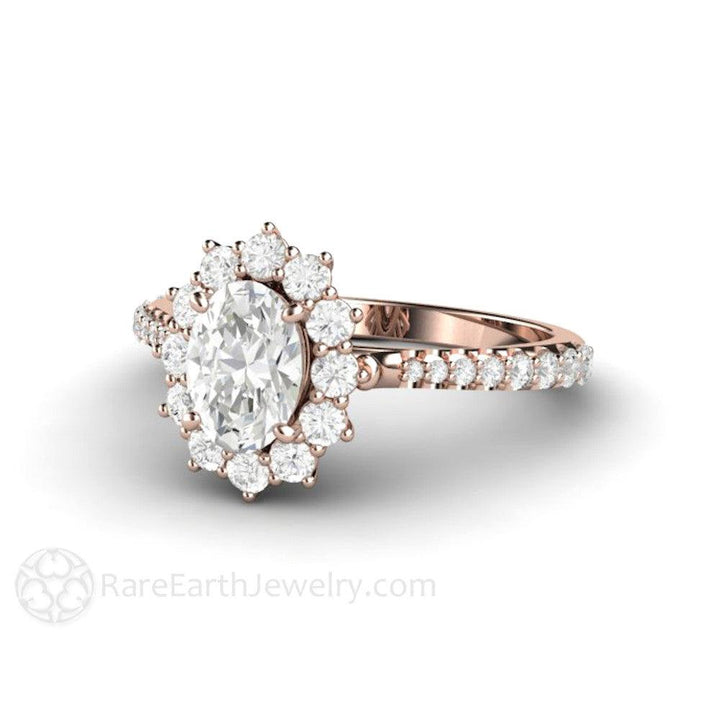 Oval Cut Moissanite Engagement Ring 1 Carat Halo Pave Band, Rare Earth Jewelry