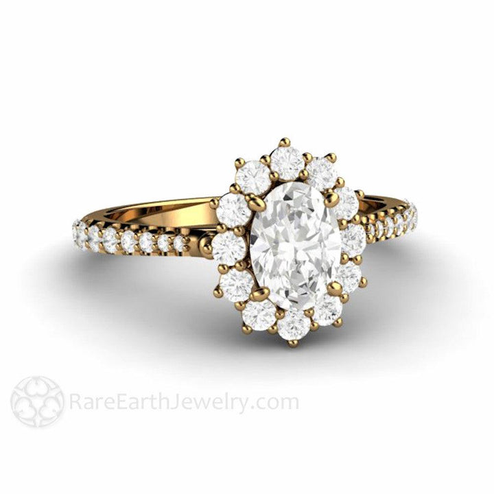 Oval Cut Moissanite Engagement Ring 1 Carat Halo Pave Band, Rare Earth Jewelry