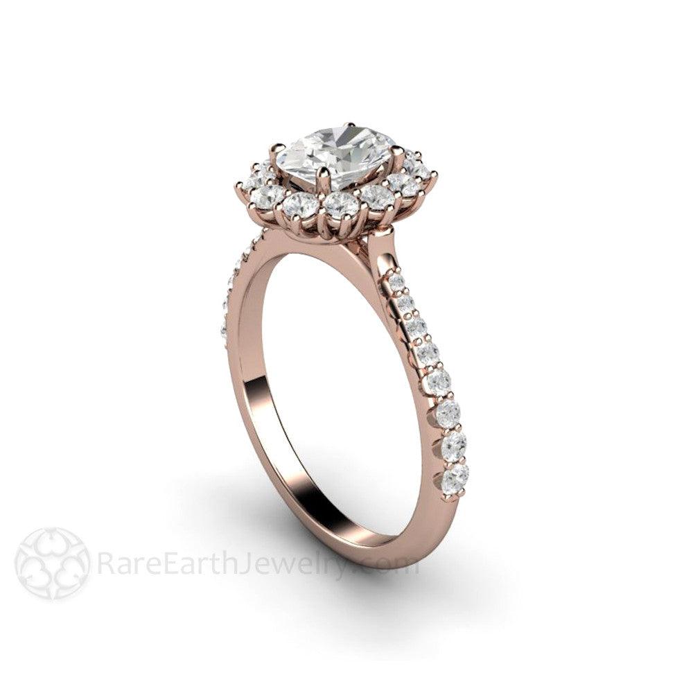 Oval Cut Moissanite Engagement Ring 1 Carat Halo Pave Band, Rare Earth Jewelry
