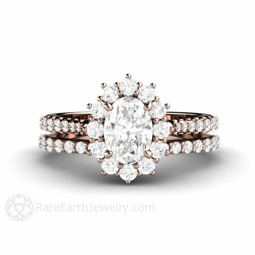 Oval Cut Moissanite Engagement Ring 1 Carat Halo Pave Band, Rare Earth Jewelry