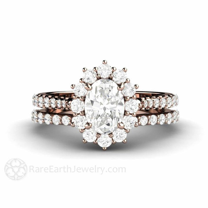 Oval Cut Moissanite Engagement Ring 1 Carat Halo Pave Band, Rare Earth Jewelry