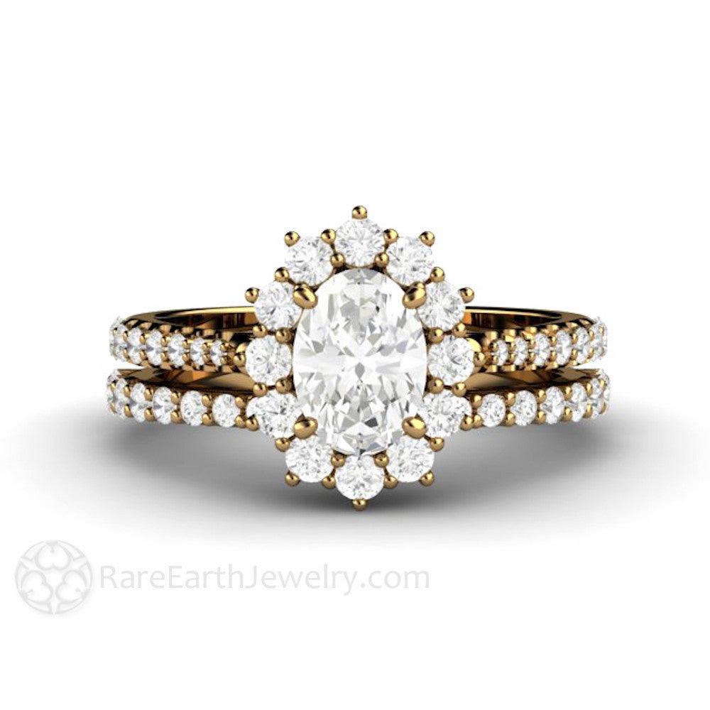 Oval Cut Moissanite Engagement Ring 1 Carat Halo Pave Band, Rare Earth Jewelry