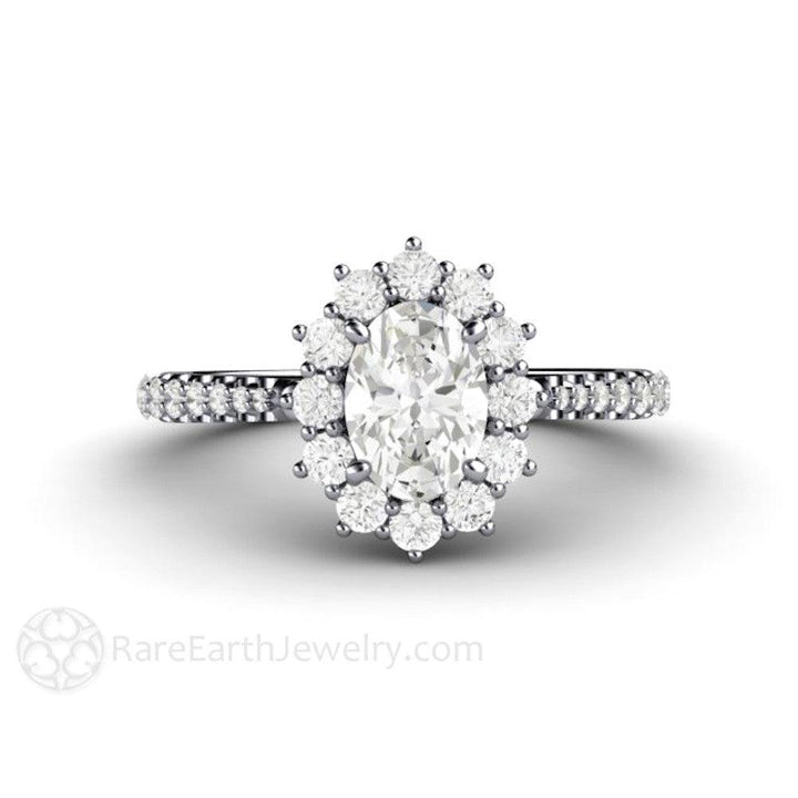 Oval Cut Moissanite Engagement Ring 1 Carat Halo Pave Band, Rare Earth Jewelry