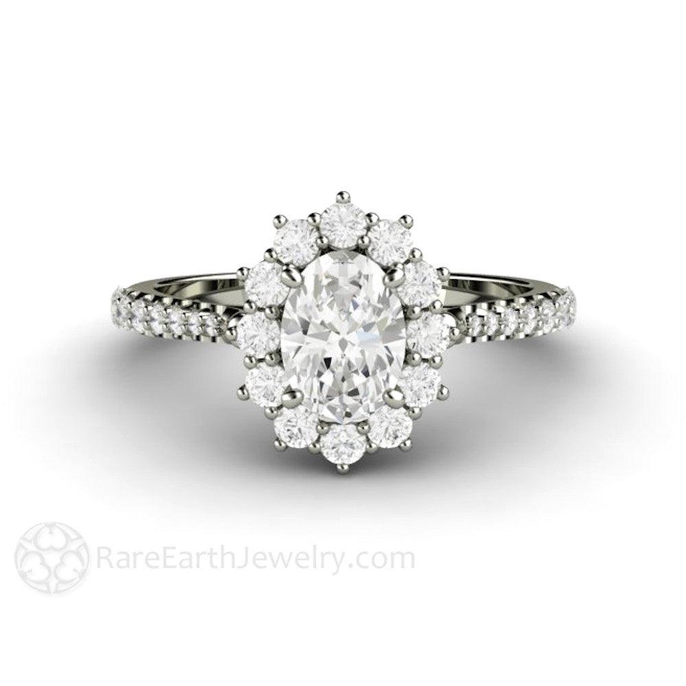 Oval Cut Moissanite Engagement Ring 1 Carat Halo Pave Band, Rare Earth Jewelry