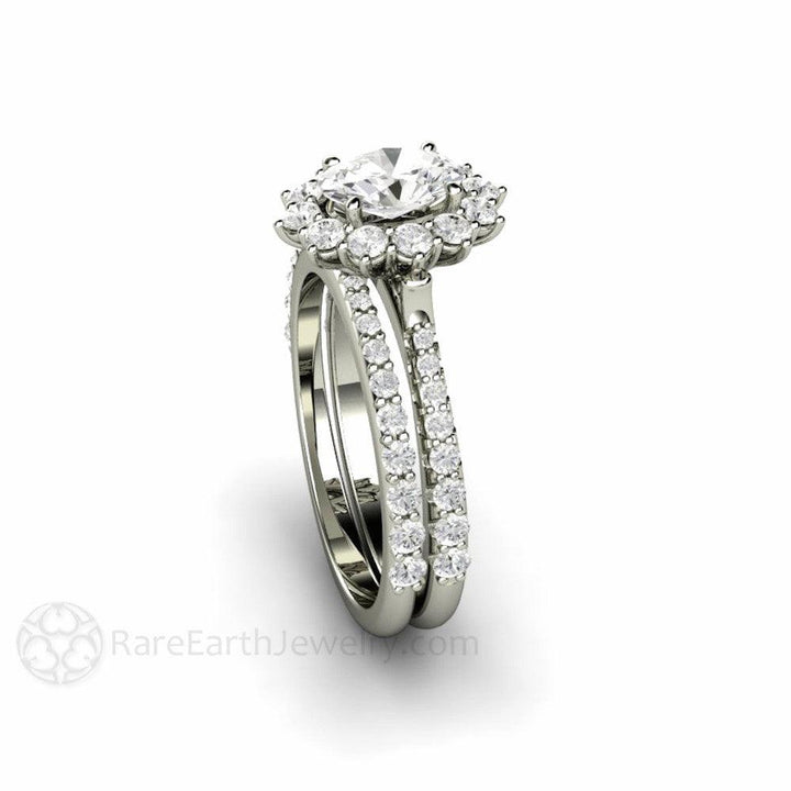Oval Cut Moissanite Engagement Ring 1 Carat Halo Pave Band, Rare Earth Jewelry