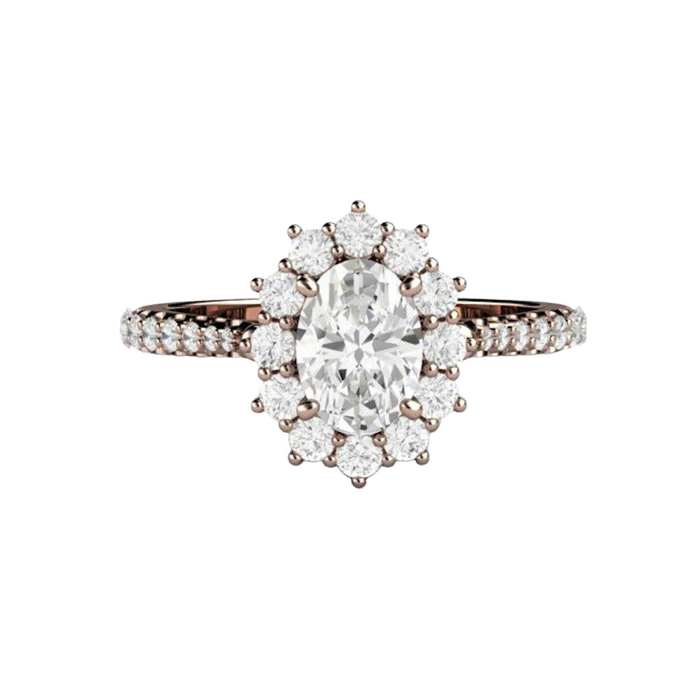 Oval Cut Moissanite Engagement Ring 1 Carat Halo Pave Band, Rare Earth Jewelry