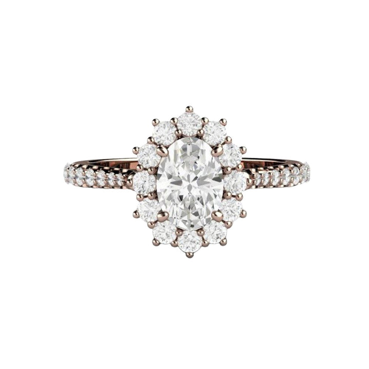Oval Cut Moissanite Engagement Ring 1 Carat Halo Pave Band, Rare Earth Jewelry