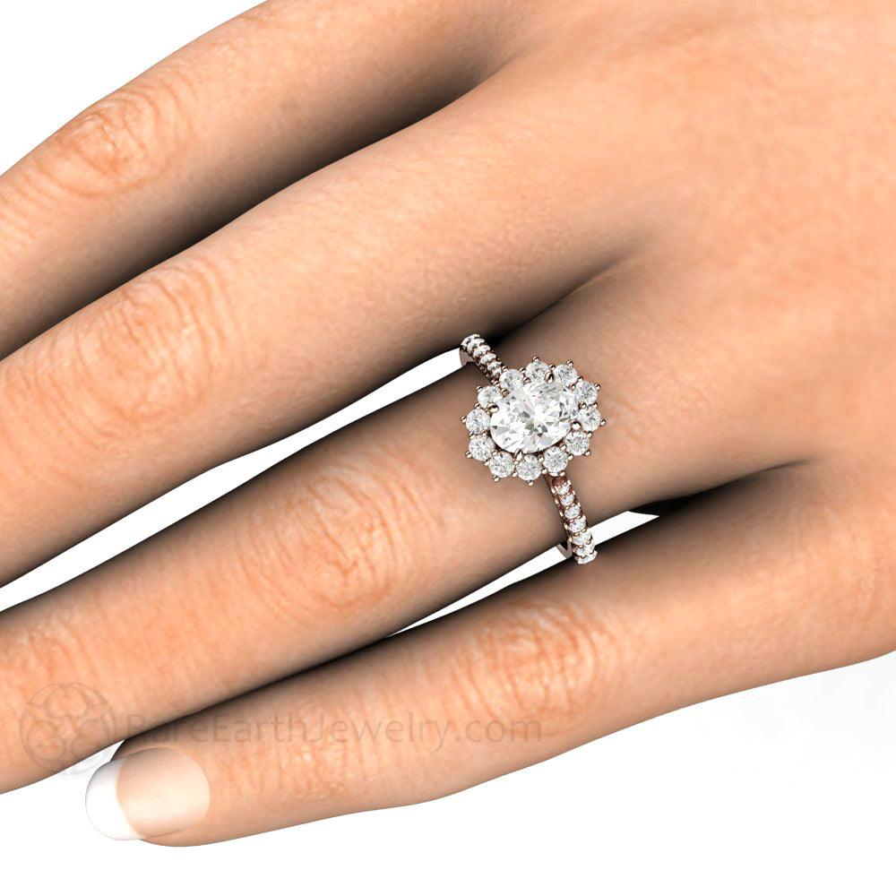 Oval Cut Moissanite Engagement Ring 1 Carat Halo Pave Band, Rare Earth Jewelry
