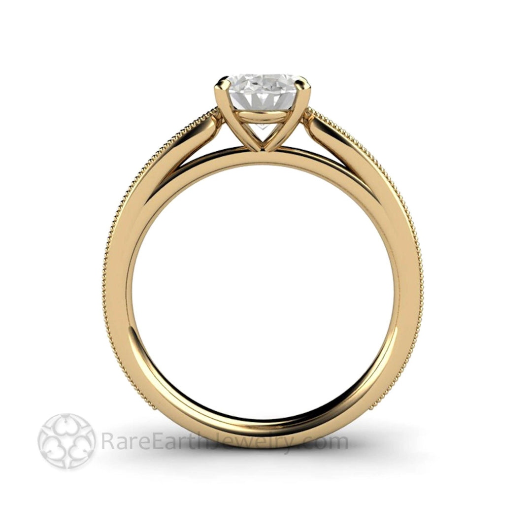 Oval Cut Moissanite Engagement Ring Vintage Solitaire Design with Milgrain, Rare Earth Jewelry