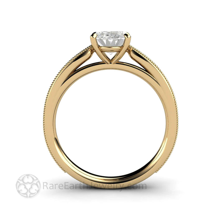 Oval Cut Moissanite Engagement Ring Vintage Solitaire Design with Milgrain, Rare Earth Jewelry
