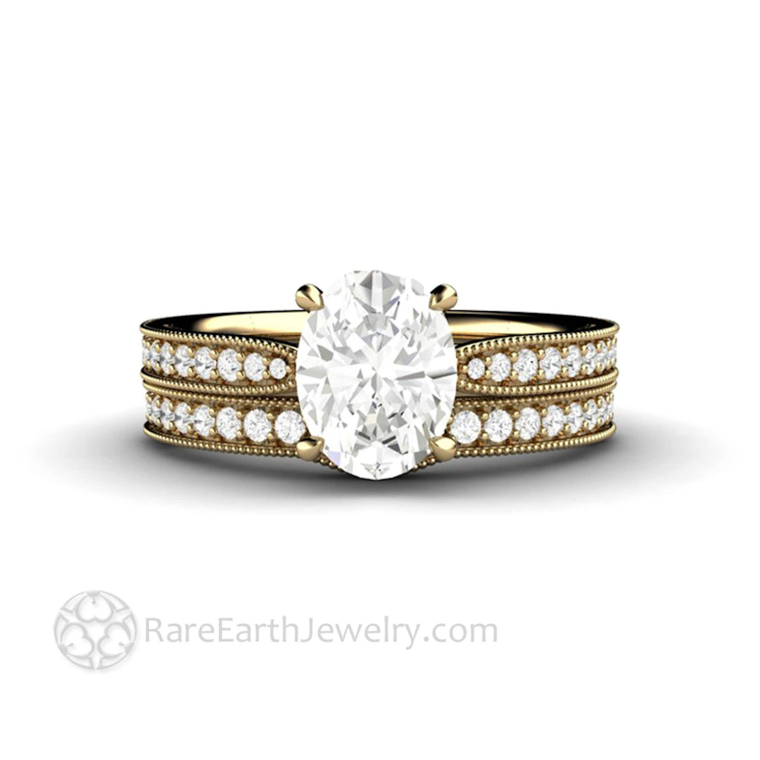 Oval Cut Moissanite Engagement Ring Vintage Solitaire Design with Milgrain, Rare Earth Jewelry