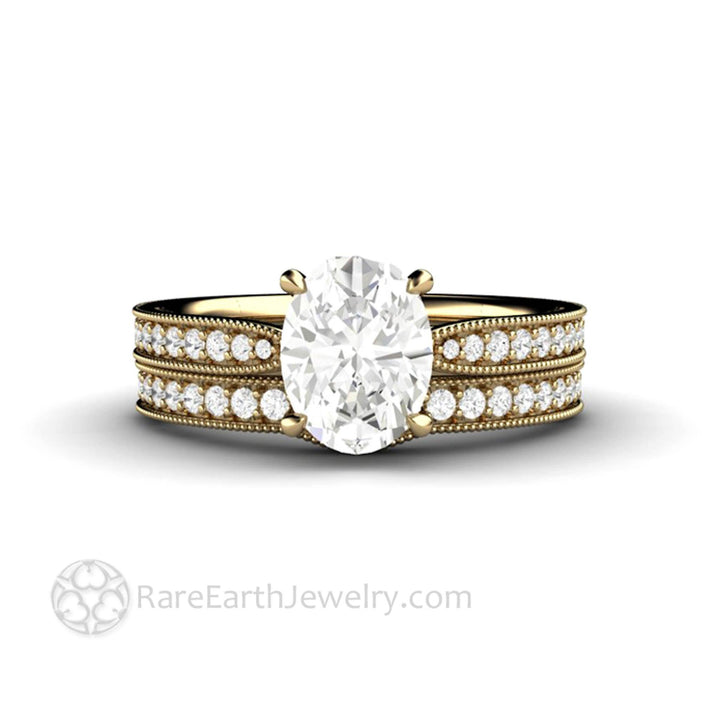 Oval Cut Moissanite Engagement Ring Vintage Solitaire Design with Milgrain, Rare Earth Jewelry