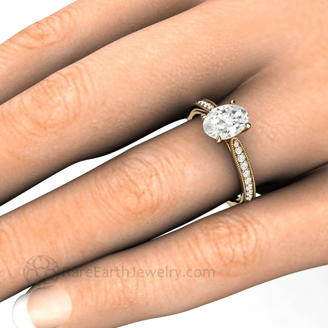 Oval Cut Moissanite Engagement Ring Vintage Solitaire Design with Milgrain, Rare Earth Jewelry