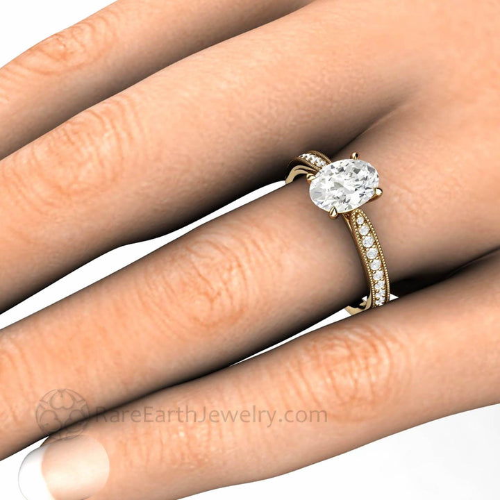 Oval Cut Moissanite Engagement Ring Vintage Solitaire Design with Milgrain, Rare Earth Jewelry