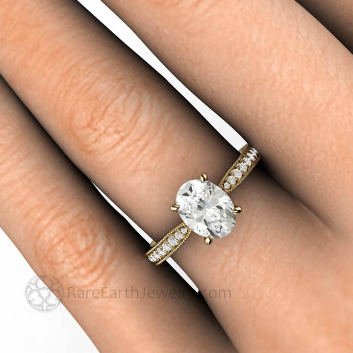 Oval Cut Moissanite Engagement Ring Vintage Solitaire Design with Milgrain, Rare Earth Jewelry