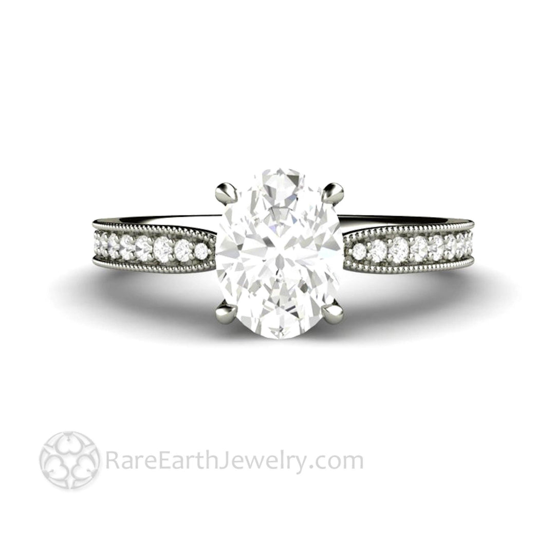 Oval Cut Moissanite Engagement Ring Vintage Solitaire Design with Milgrain, Rare Earth Jewelry