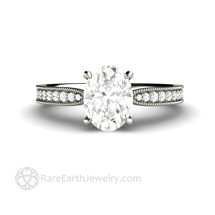 Oval Cut Moissanite Engagement Ring Vintage Solitaire Design with Milgrain, Rare Earth Jewelry