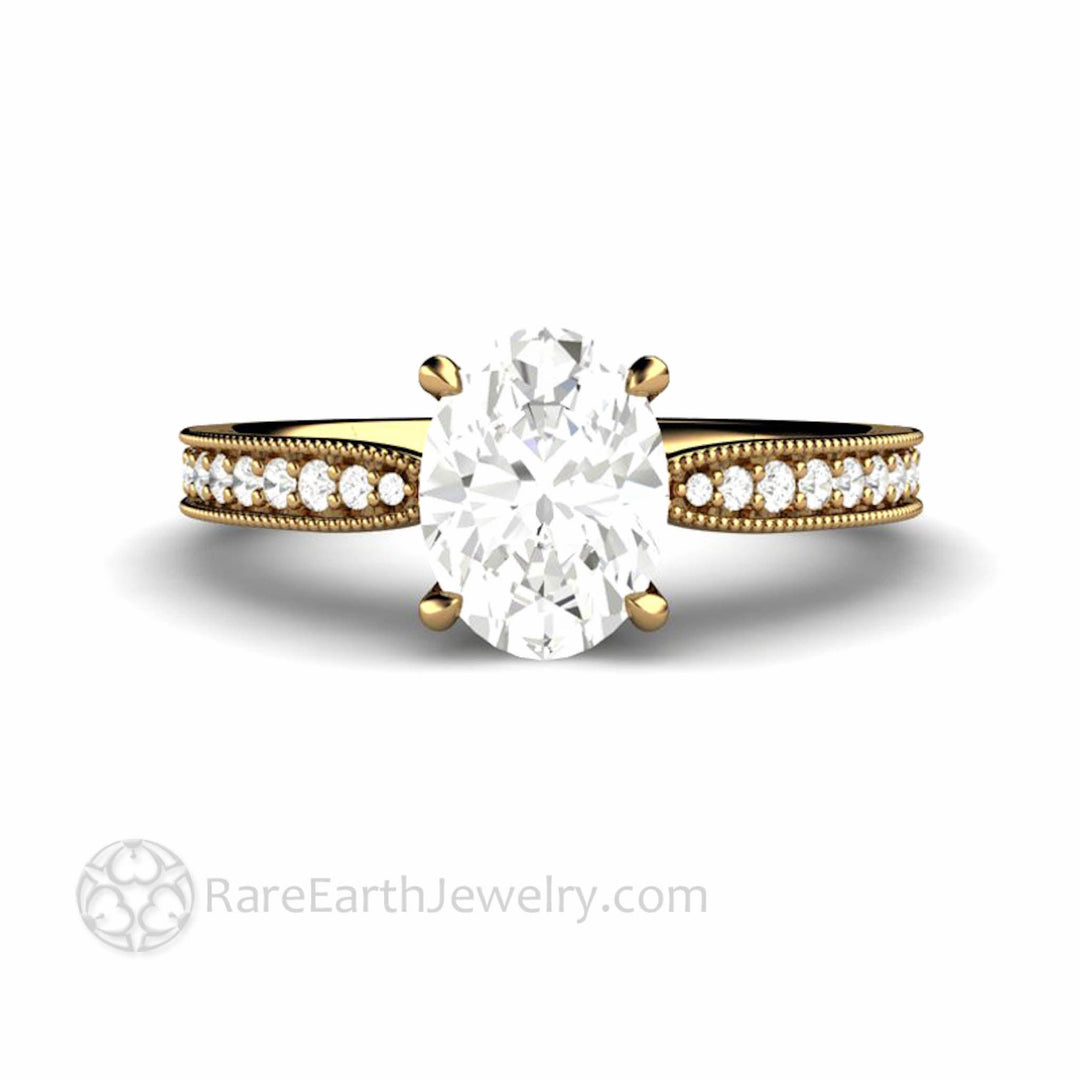 Oval Cut Moissanite Engagement Ring Vintage Solitaire Design with Milgrain, Rare Earth Jewelry
