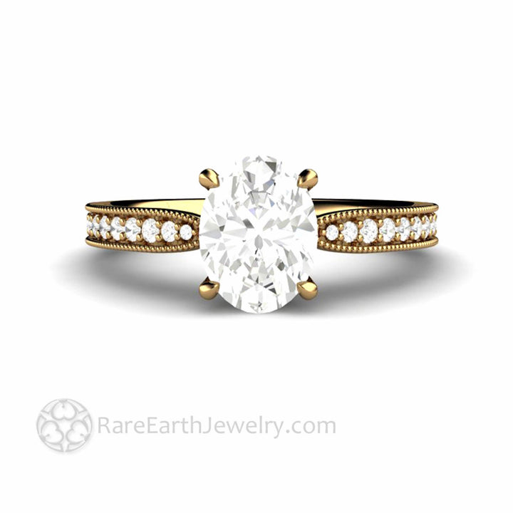 Oval Cut Moissanite Engagement Ring Vintage Solitaire Design with Milgrain, Rare Earth Jewelry