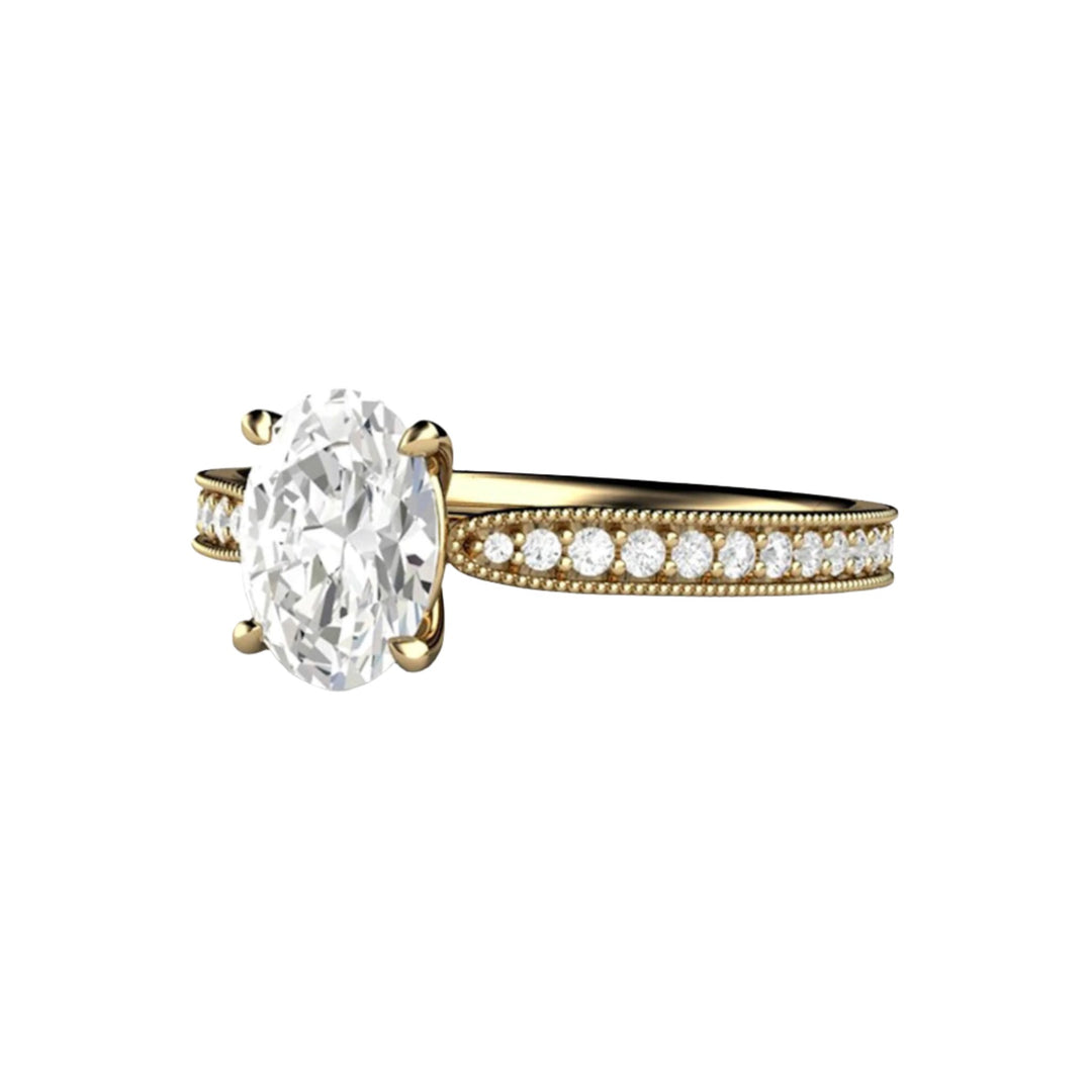 Oval Cut Moissanite Engagement Ring Vintage Solitaire Design with Milgrain, Rare Earth Jewelry