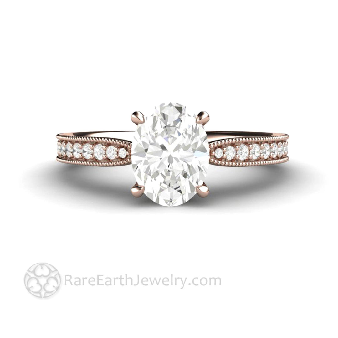 Oval Cut Moissanite Engagement Ring Vintage Solitaire Design with Milgrain, Rare Earth Jewelry