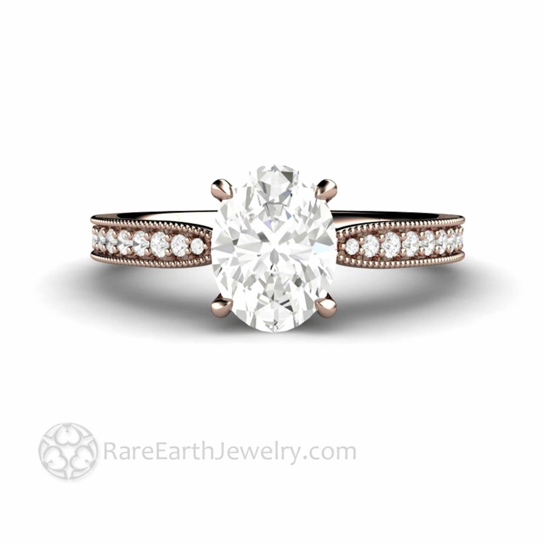 Oval Cut Moissanite Engagement Ring Vintage Solitaire Design with Milgrain, Rare Earth Jewelry