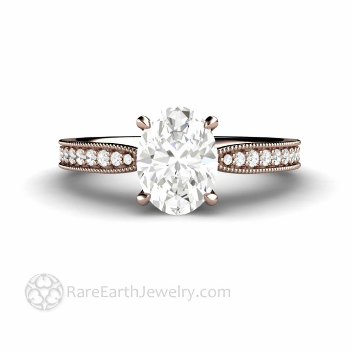 Oval Cut Moissanite Engagement Ring Vintage Solitaire Design with Milgrain, Rare Earth Jewelry