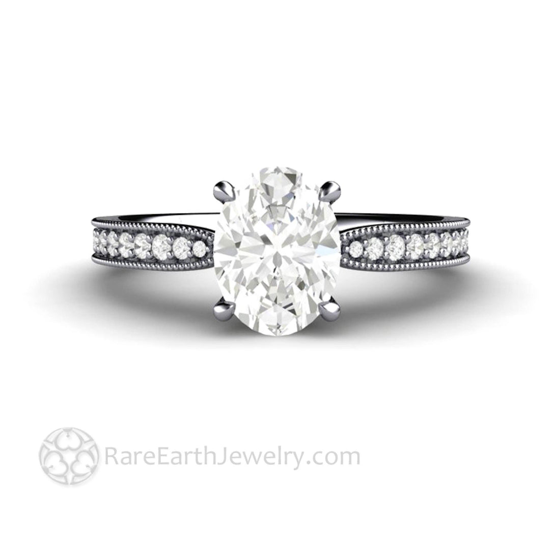 Oval Cut Moissanite Engagement Ring Vintage Solitaire Design with Milgrain, Rare Earth Jewelry