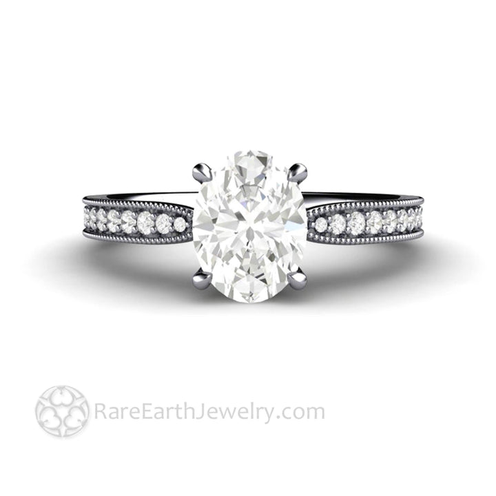 Oval Cut Moissanite Engagement Ring Vintage Solitaire Design with Milgrain, Rare Earth Jewelry