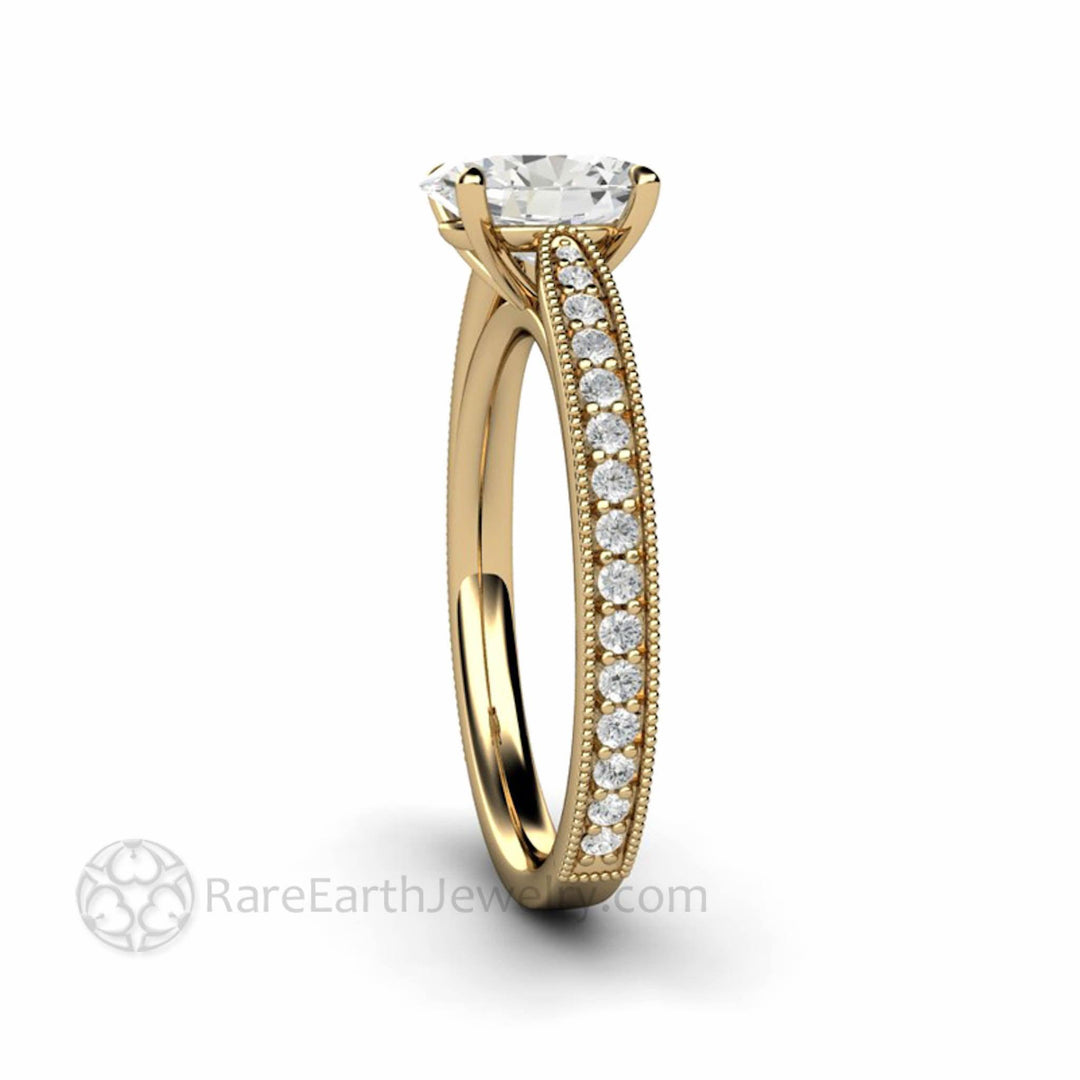 Oval Cut Moissanite Engagement Ring Vintage Solitaire Design with Milgrain, Rare Earth Jewelry