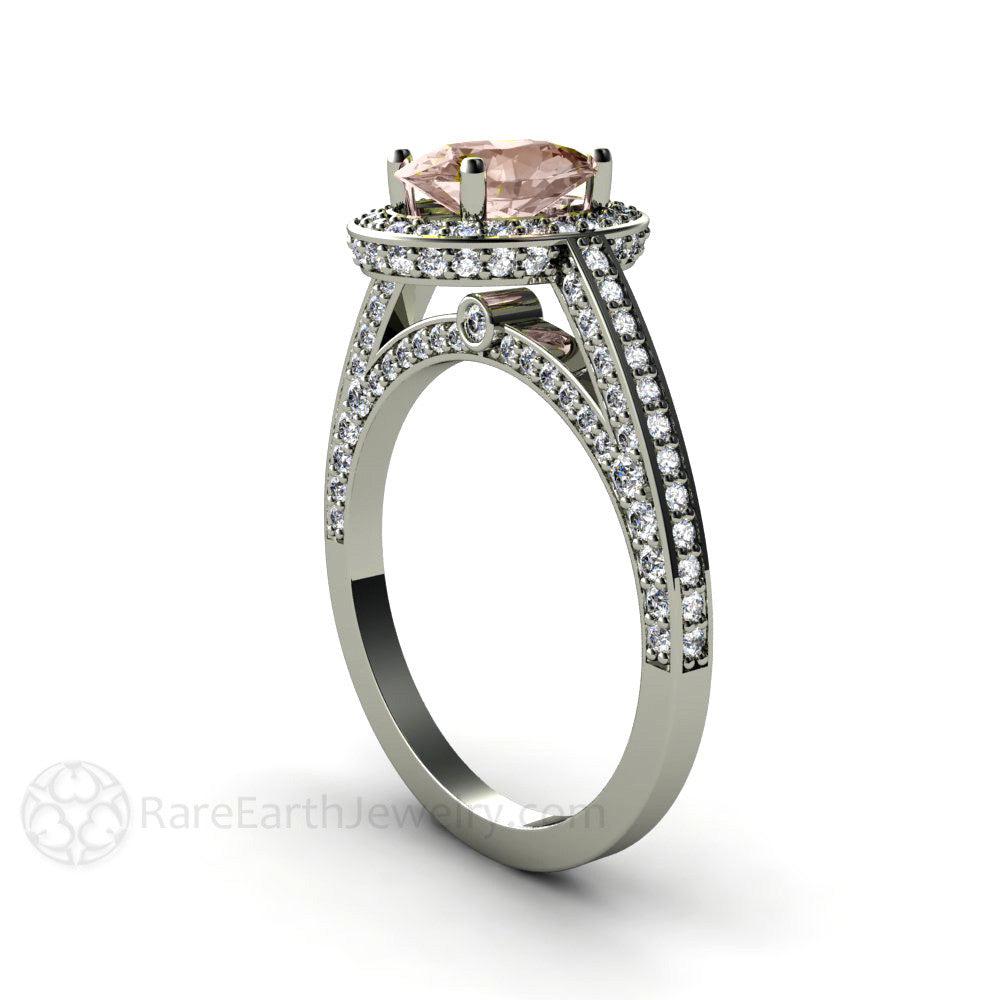 Morganite Oval Halo Engagement Ring with Diamonds, Rare Earth Jewelry