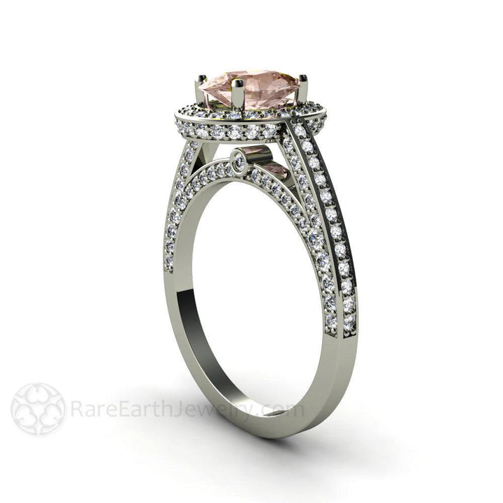 Morganite Oval Halo Engagement Ring with Diamonds, Rare Earth Jewelry