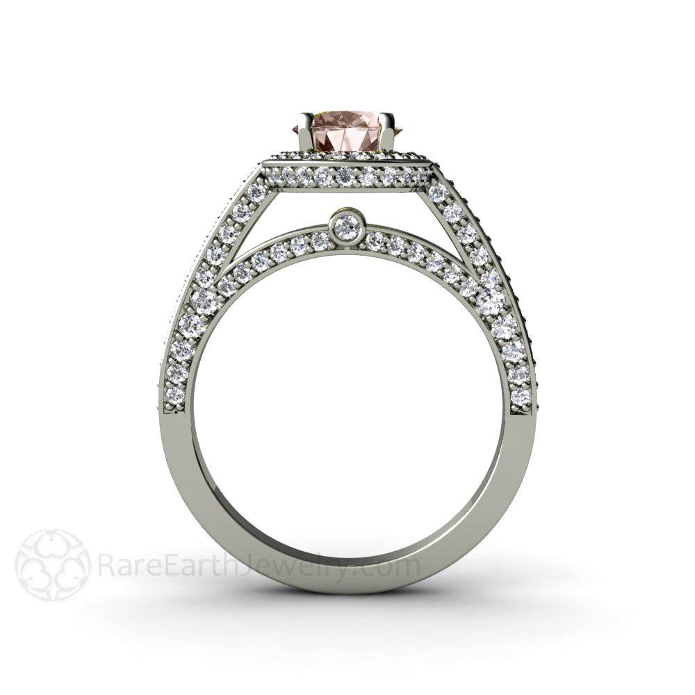 Morganite Oval Halo Engagement Ring with Diamonds, Rare Earth Jewelry