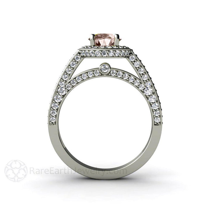 Morganite Oval Halo Engagement Ring with Diamonds, Rare Earth Jewelry