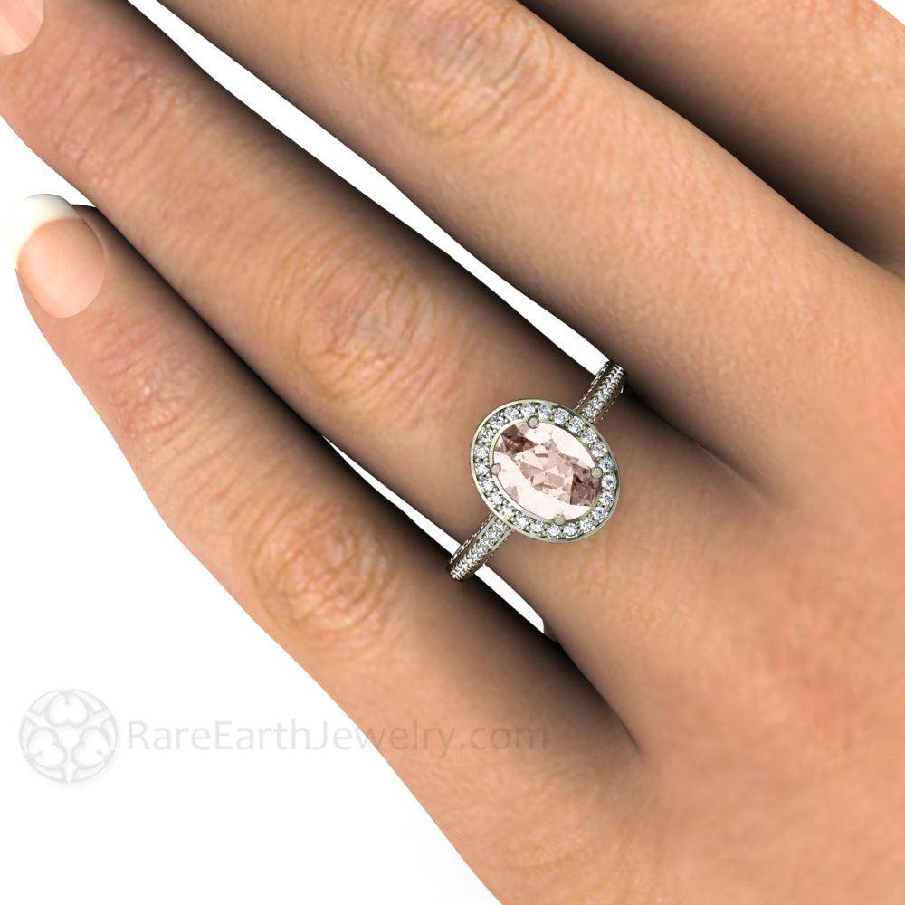 Morganite Oval Halo Engagement Ring with Diamonds, Rare Earth Jewelry