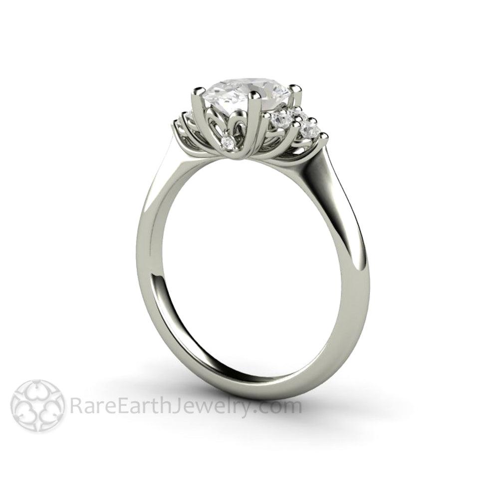 Oval Forever One Moissanite Engagement Ring 3 Stone Cluster, Rare Earth Jewelry
