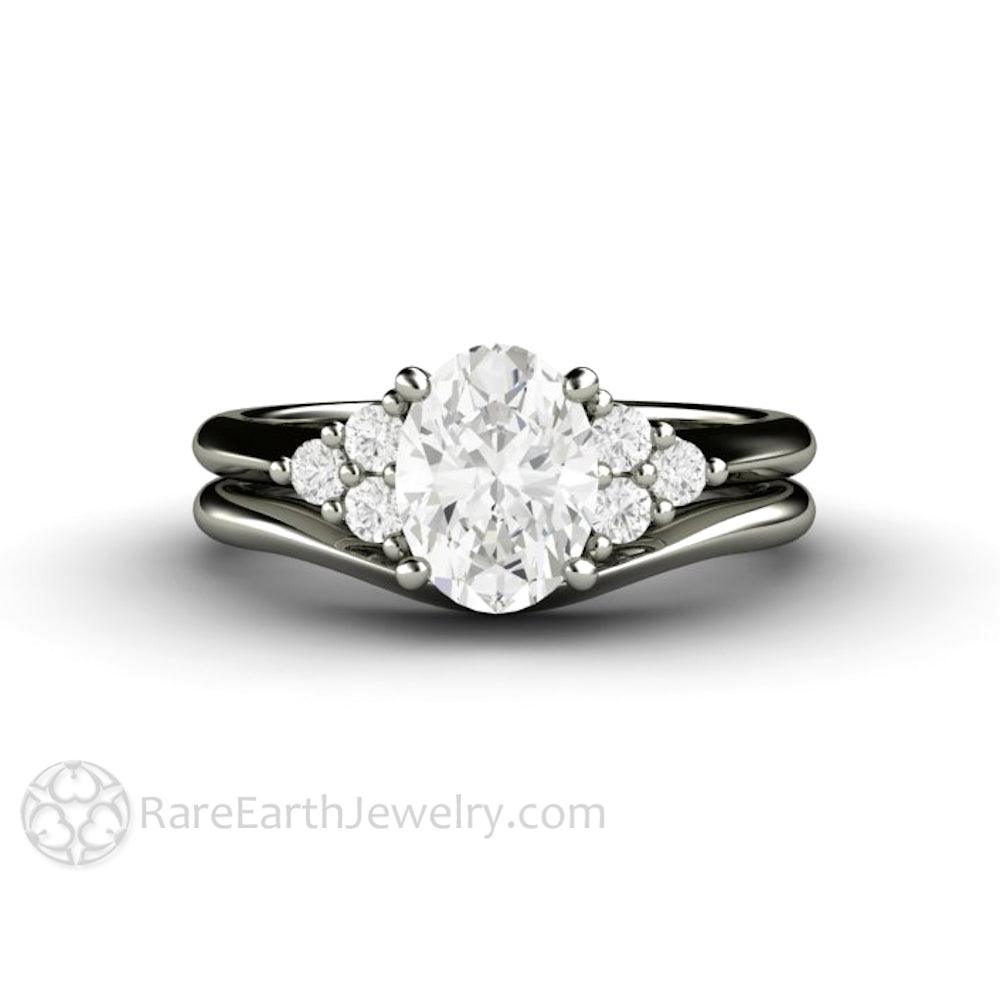 Oval Forever One Moissanite Engagement Ring 3 Stone Cluster, Rare Earth Jewelry