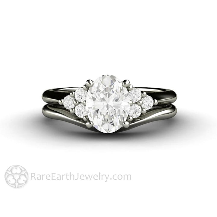 Oval Forever One Moissanite Engagement Ring 3 Stone Cluster, Rare Earth Jewelry