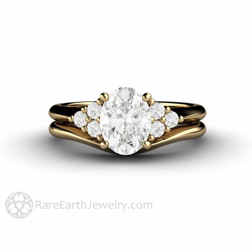 Oval Forever One Moissanite Engagement Ring 3 Stone Cluster, Rare Earth Jewelry