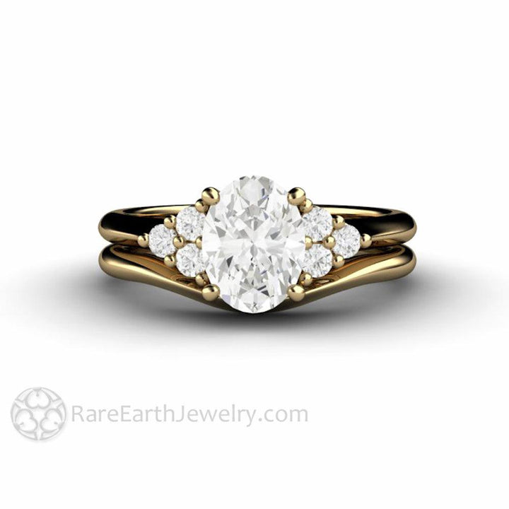 Oval Forever One Moissanite Engagement Ring 3 Stone Cluster, Rare Earth Jewelry